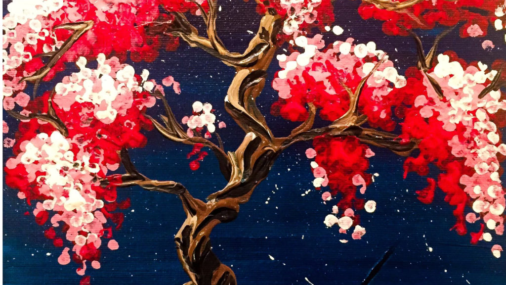 painting of tree with flowers at night