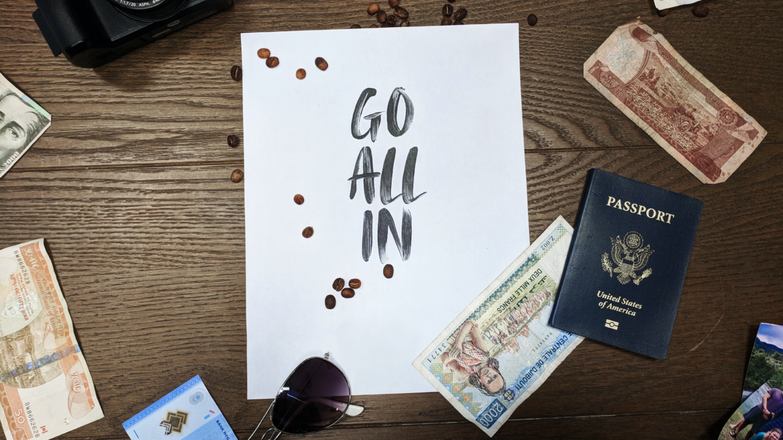 passport, coffee, sunglasses, on table