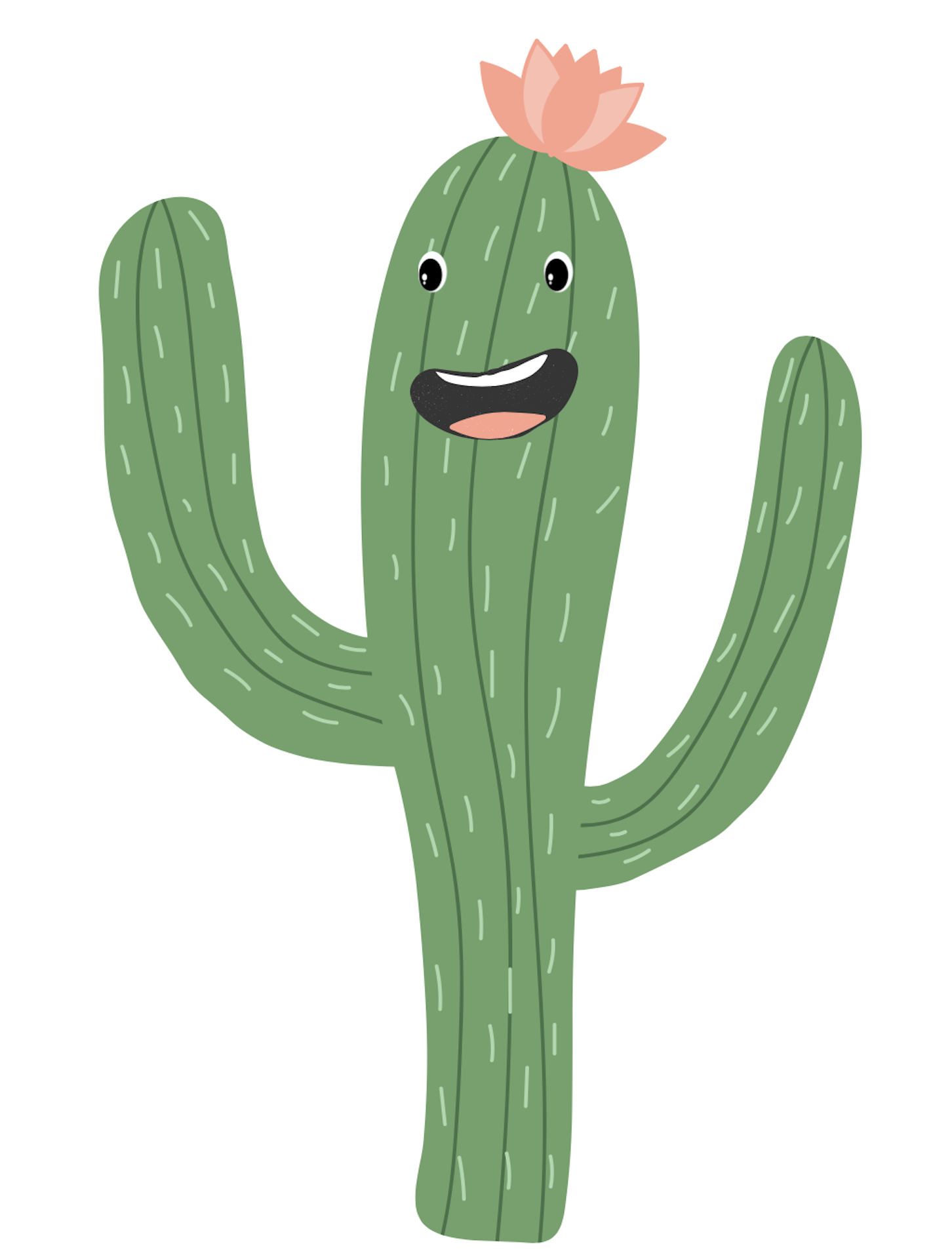 A cartoon graphic of a cactus with cartoon eyes and a wide smile. There is a flower used as a hat on its head.