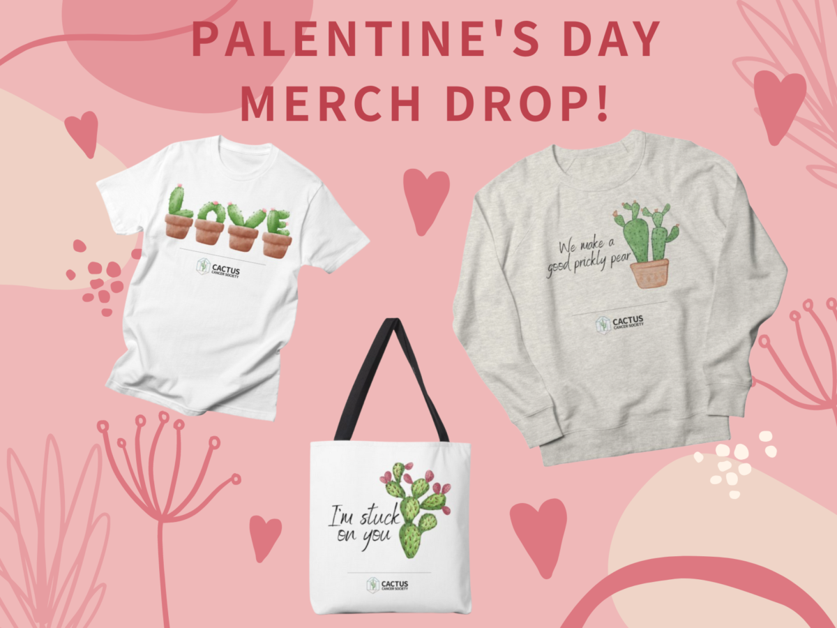 The text "palentine's day merch drop!" in dark pink letters at the top of an image, with a white tshirt, a gray sweatshirt, and a white bag beneath.